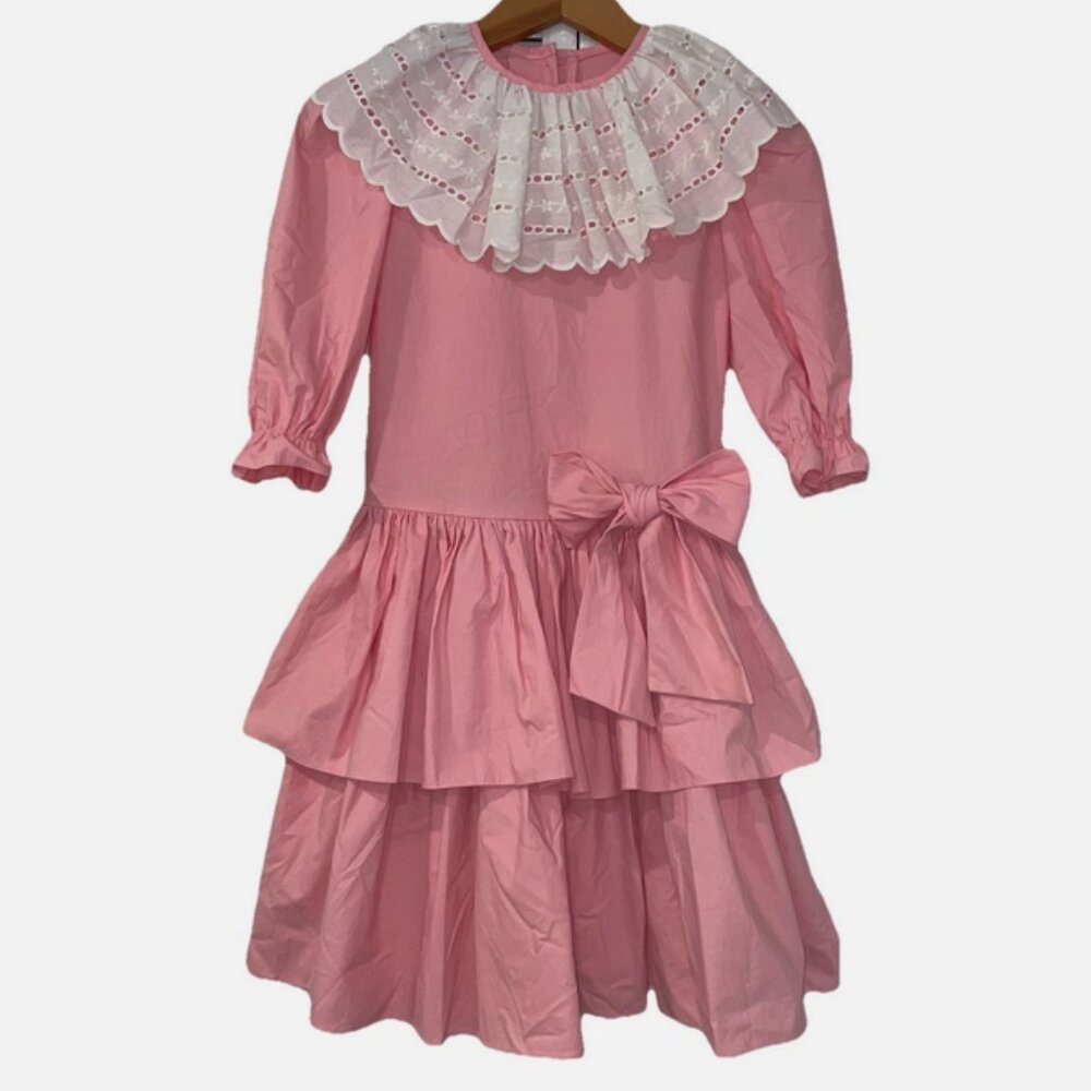 Vintage Girls Pink Dress Size 10 Kim Originals Lace Collar, Ruffled with Bow